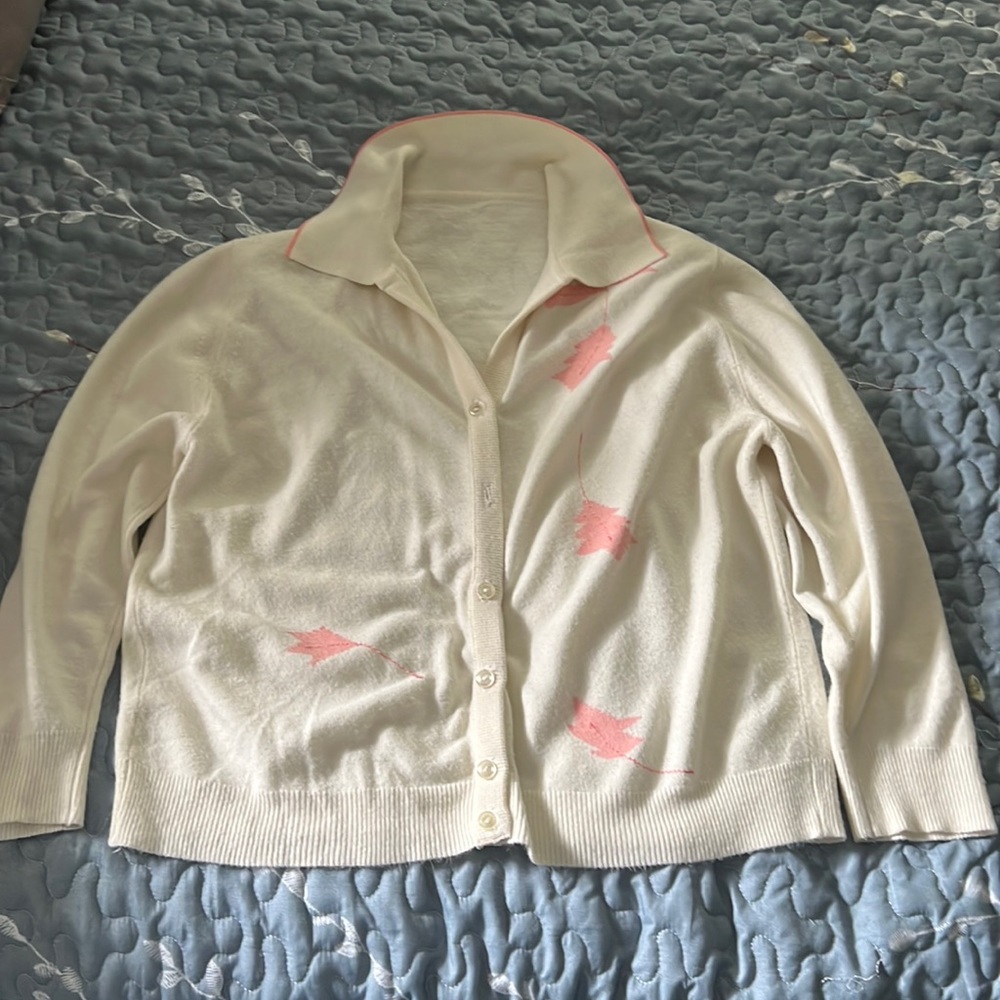 Vintage Cream Colored Cardigan with Pink Flowers